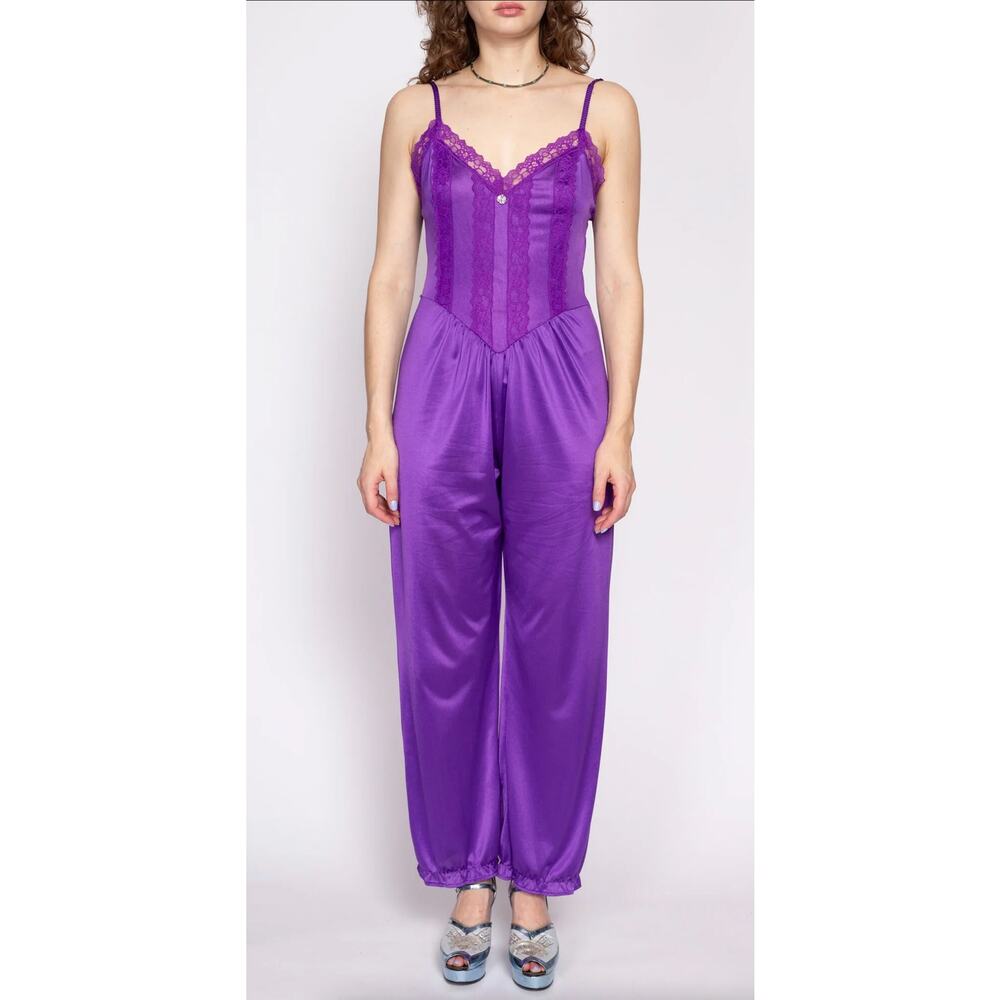 Vintage Lady Lynne Purple Lace Satin Jumpsuit Y2K Loungewear USA Medium